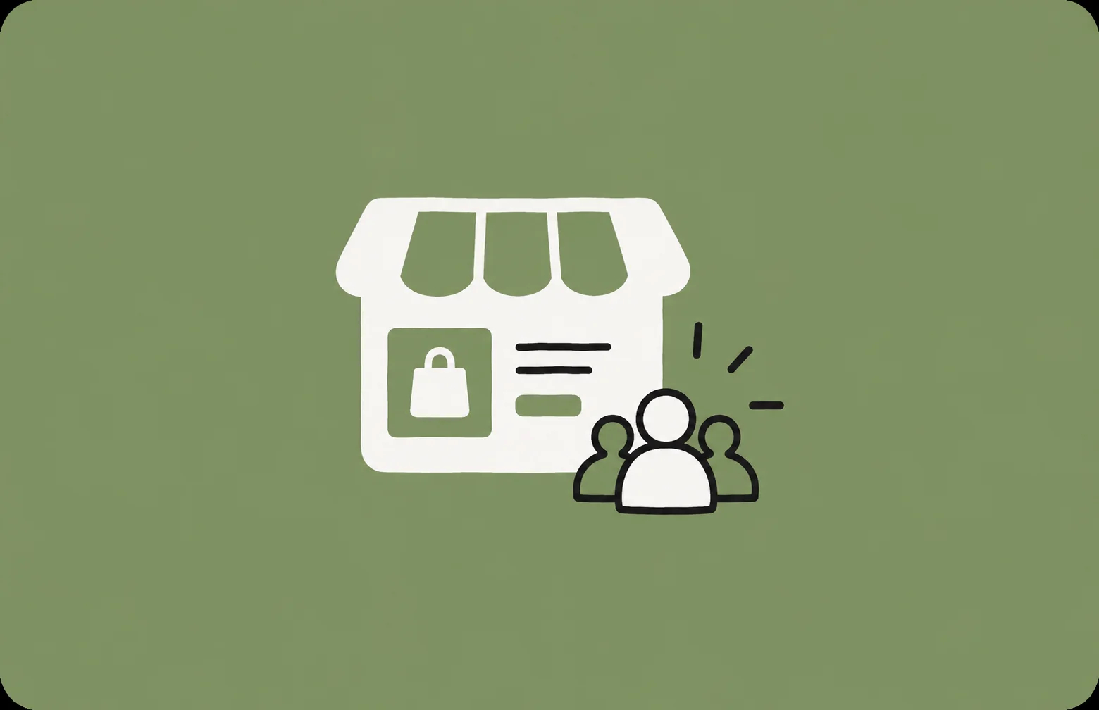 Illustration of a marketplace storefront with a product listing and a group of buyers
