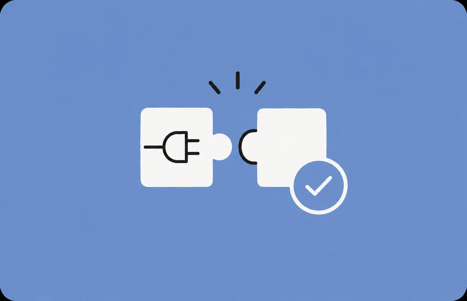 Illustration of two puzzle pieces joining, one carrying a plug, with a success checkmark